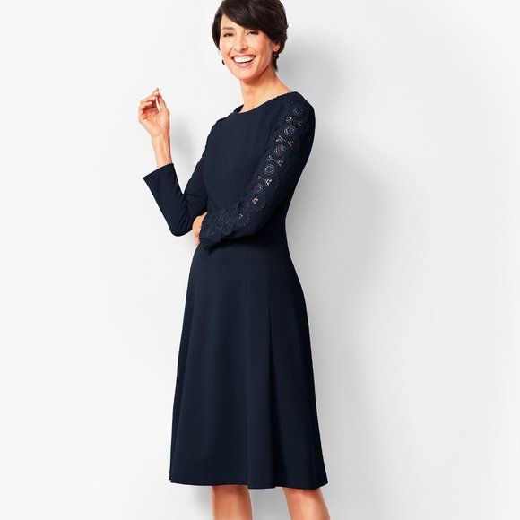 NWT Talbots Womens Navy Blue Floral Medallion Print Pleated Flare Dress Size 10
